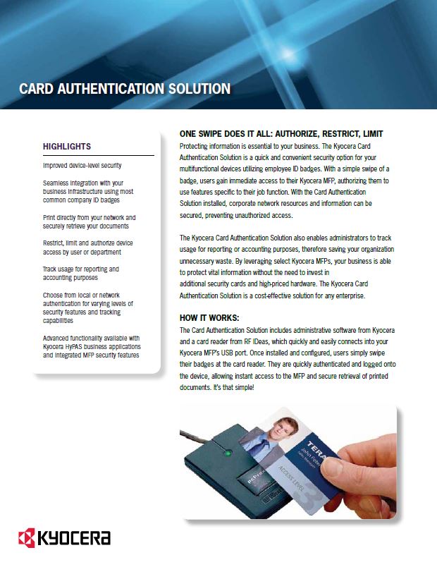Kyocera Software Cost Control And Security Card Authentication Data Sheet Thumb, Procopy, Inc., Bergen County, New Jersey