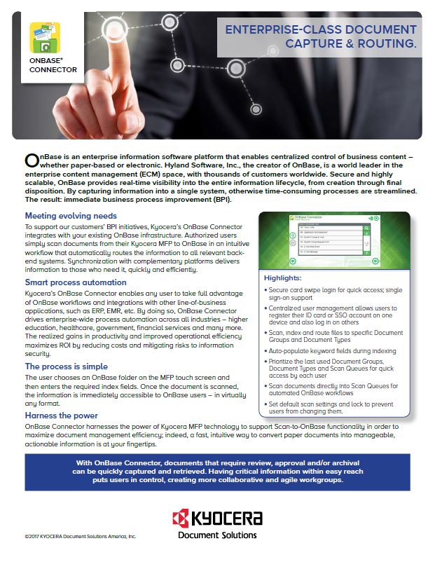 Kyocera Software Document Management Onbase Connector Data Sheet Thumb, Procopy, Inc., Bergen County, New Jersey